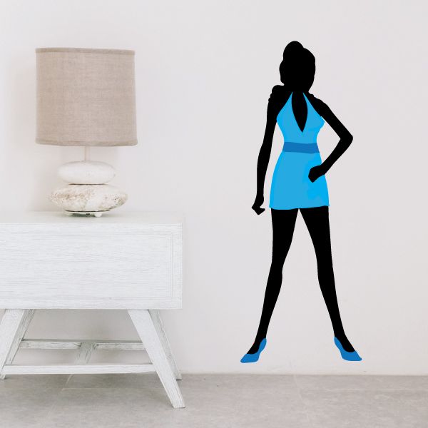 Light blue dress woman silhouette sticker with black leggings and hands on hips