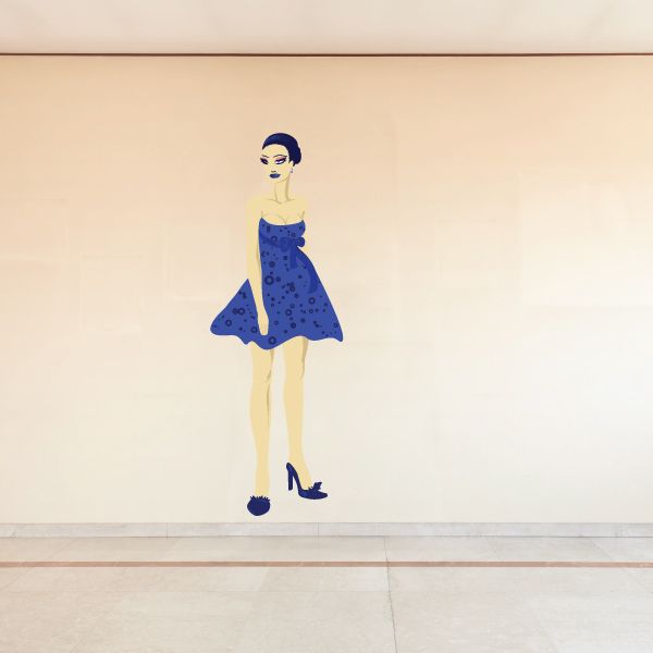 Purple dress woman sticker, off-shoulder blue dress with heels and stylized face