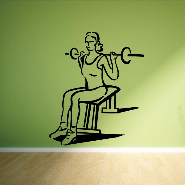 Female lifting barbell wall vinyl decal, outline seated woman holding weights