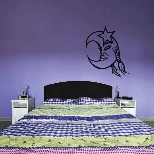 Female moon decal, black outline of woman face with star and crescent moon