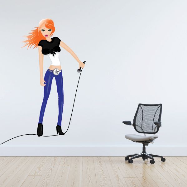 Female singer sticker of orange-haired woman in black bow crop top and blue pants