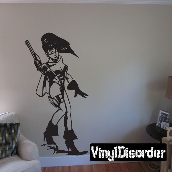 Space pirate woman decal, black silhouette holding blaster and boots