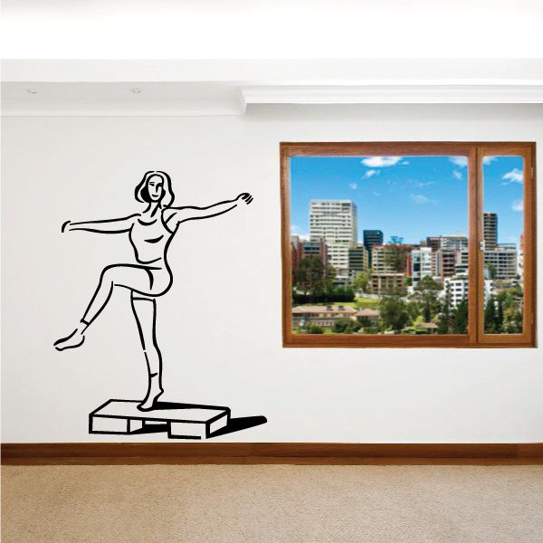 Female fitness wall decal vinyl with line-drawn woman stepping on stairs