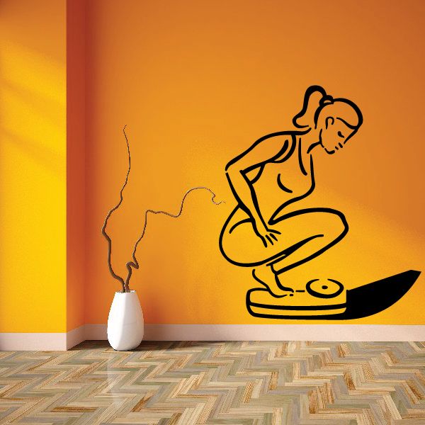 Woman fitness wall decal vinyl of a standing scale, black outline