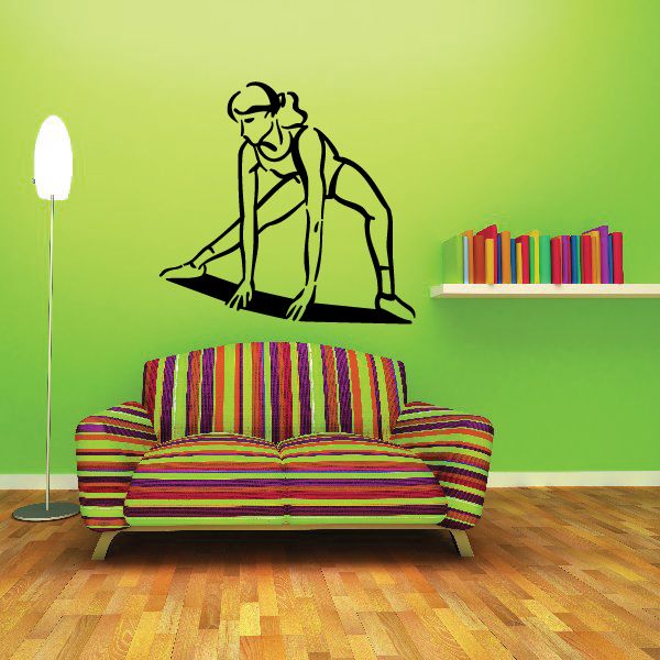 Yoga fitness wall decal of a seated woman stretching, black outline