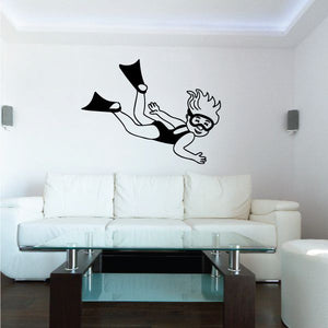 Swimmer wall decal with mask, black silhouette of child in swim pose