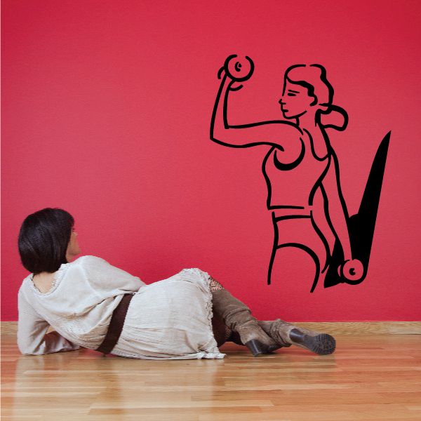Black line-art wall decal of a female holding a dumbbell
