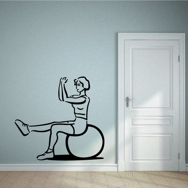 Vinyl wall decal of a woman using an exercise ball, black outline figure