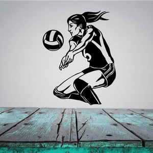Female volleyball player wall decal, black-and-white illustration of kneeling athlete and ball