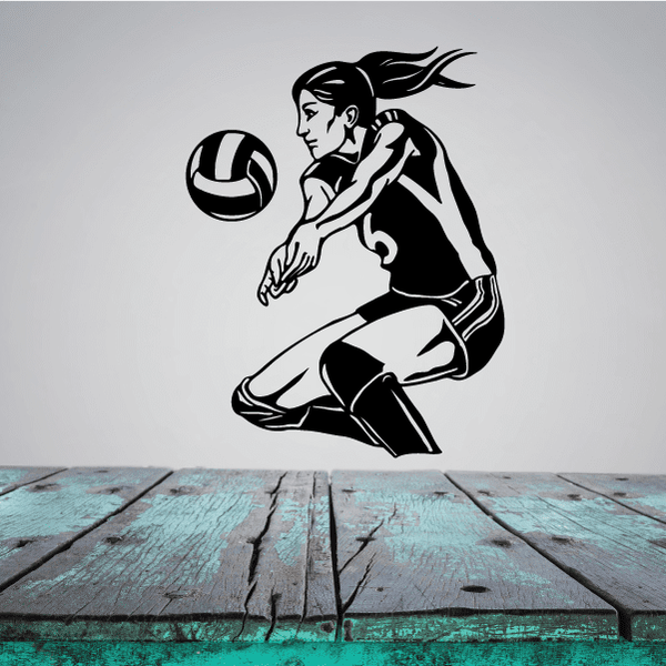 Female volleyball player wall decal, black-and-white illustration of kneeling athlete and ball