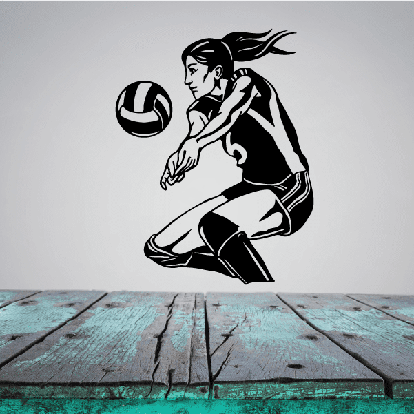 Female volleyball player wall decal, black-and-white illustration of kneeling athlete and ball