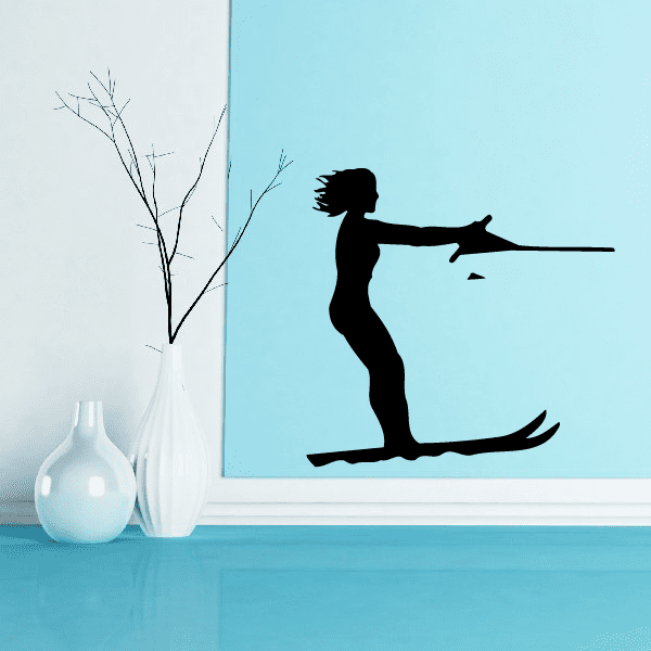 Black silhouette water skier decal, holding handle and gliding on skis.