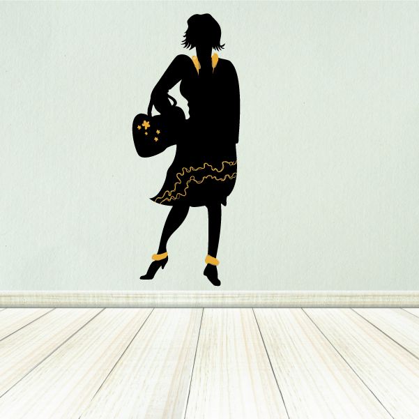 Female silhouette sticker holding star purse, black and yellow accents
