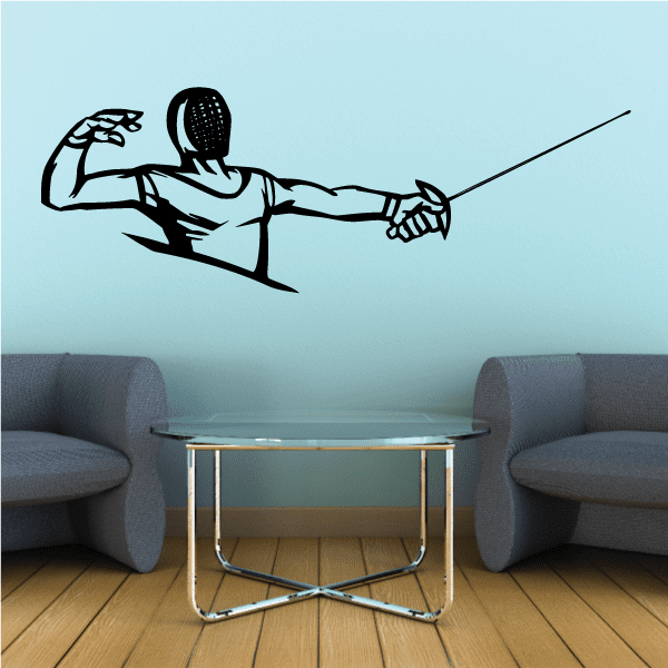 Fencing fencer wall decal: black helmeted figure lunging with foil sword extended