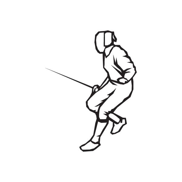Fencing riposte decal showing a black outline fencer in a lunge with a foil.