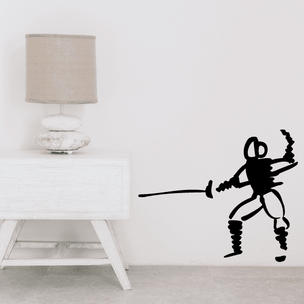 Fencing wall vinyl decal with black fencer silhouette and sword