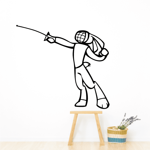 Fencing wall decal vinyl: standing fencer in fencing mask holding sword, line art