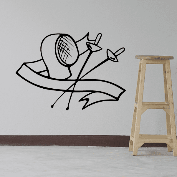 Black fencing wall decal of foil, mask, and crossed fencing weapons