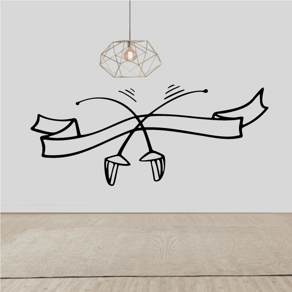 Black fencing wall vinyl decal with crossed swords, bow ribbon, and helmet outline