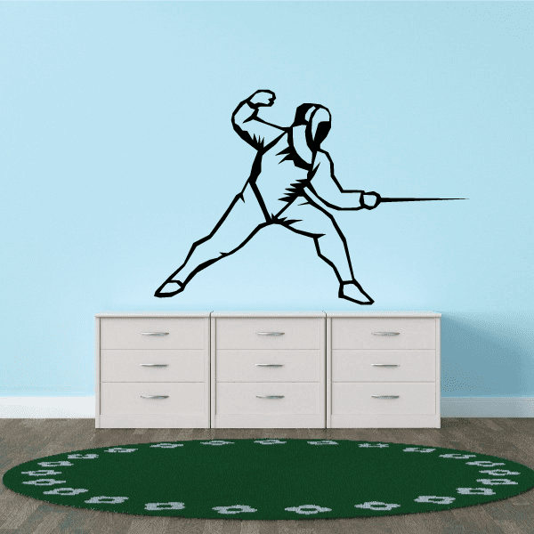 Fencing wall vinyl decal of a white-filled fencer silhouette with black outline.
