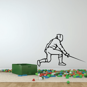 Fencing wall decal of a kneeling fencing athlete holding a foil