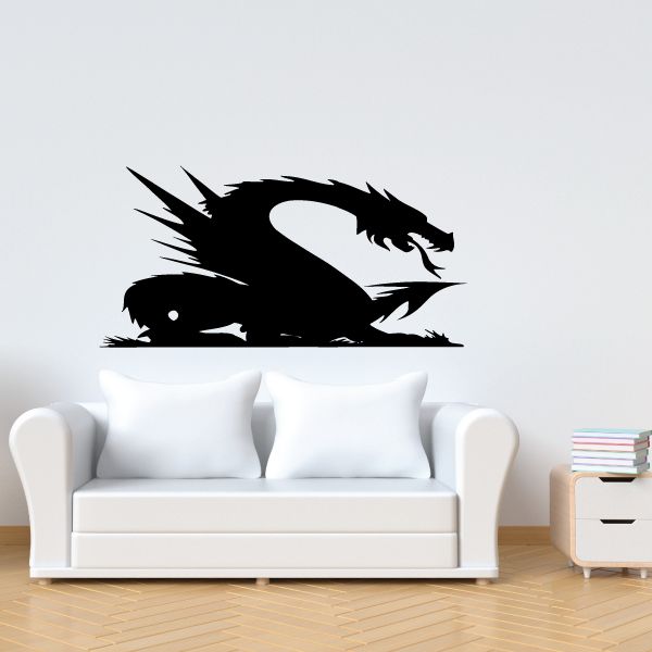 Sitting dragon wall decal with black silhouette