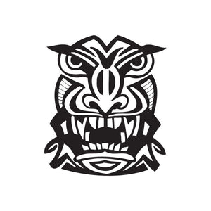 Black stylized tiki face decal with fierce eyes and open snarling mouth