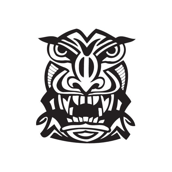 Black stylized tiki face decal with fierce eyes and open snarling mouth