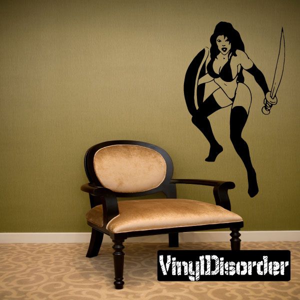 Warrior woman decal holding sword and shield in black and beige tones