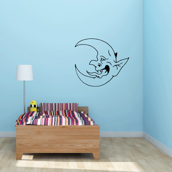 Moon decal with smiling cartoon face and stars, black line art
