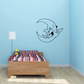 Moon decal with smiling cartoon face and stars, black line art