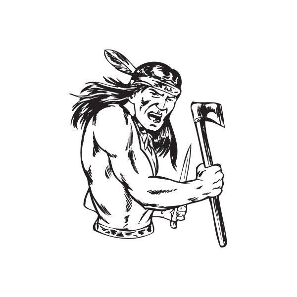 Native American warrior decal of feathered warrior holding tomahawk, black and white
