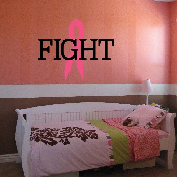 Fight cancer awareness decal with pink ribbon and FIGHT lettering on wall