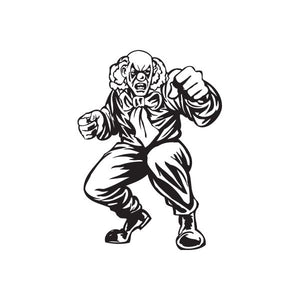 Fighting bald clown decal, black-and-white cartoon clown with clenched fists