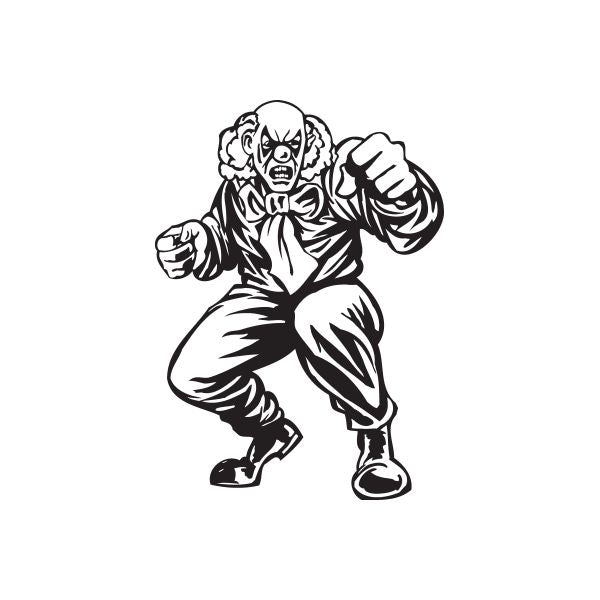 Fighting bald clown decal, black-and-white cartoon clown with clenched fists
