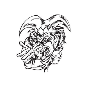 Fighting jester decal with snarling face and raised hand, black line art