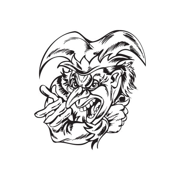 Fighting jester decal with snarling face and raised hand, black line art