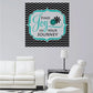 Wall decal with teal-framed quote 'Find Joy in your Journey' and flower on zigzag pattern