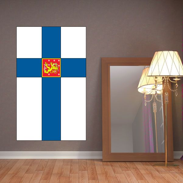 Finland flag sticker with blue Nordic cross and central coat of arms.