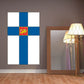 Finland flag sticker with blue Nordic cross and central coat of arms.