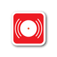 Fire alarm sticker, red square with white alert icon and sound waves