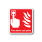 Fire alarm call point sticker, red sign with flame and hand icon, white border