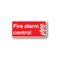 Red fire alarm control sticker with white text and flame icon, rectangular with border