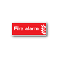 Fire alarm rectangle sticker, red with white border, text 'Fire alarm' and flame icon