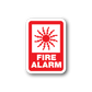 Fire alarm safety sticker: red with white border, alarm icon and FIRE ALARM text