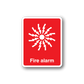 Fire alarm sticker: red rectangle, white border, alarm icon and Fire alarm text