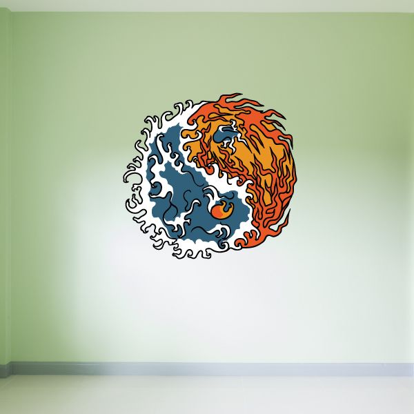 Yin yang sticker with red fire and blue water swirl symbols