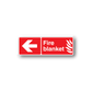 Fire blanket safety sticker, red with left arrow, Fire blanket text and flame icon