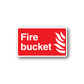 Fire bucket sticker, red with white text and flame icon