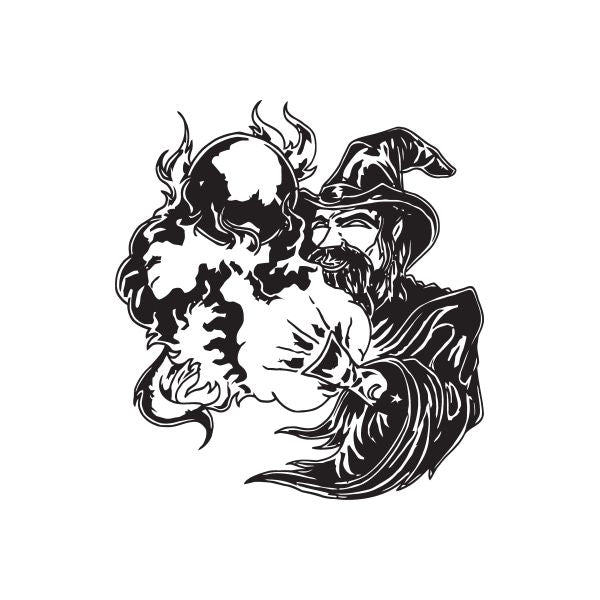Fire casting wizard decal, black and white fiery wizard silhouette